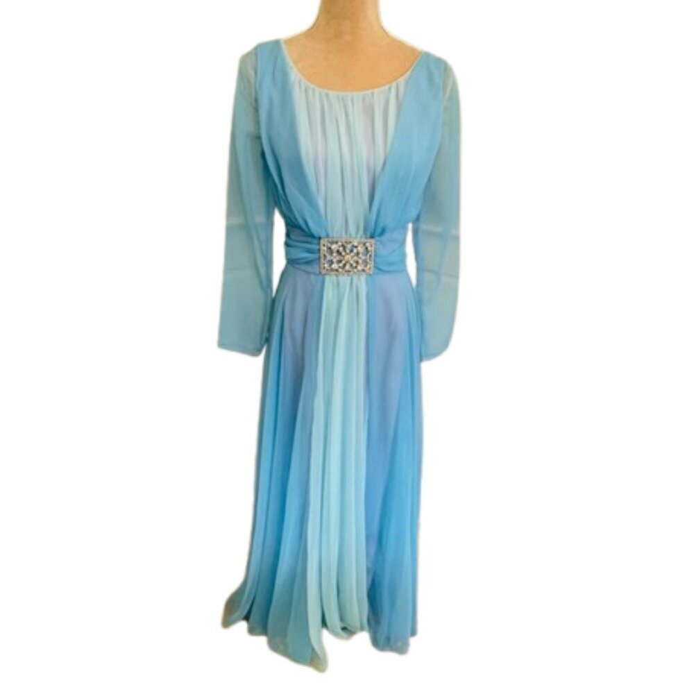 Vintage 70's Grecian Ethereal Chiffon Evening Gown Rhinestone Waist Ice Blue S - Picture 2 of 16